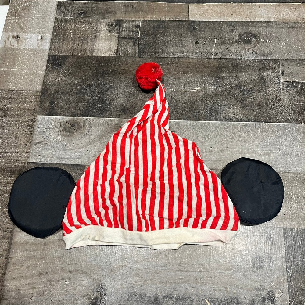 Mickey Mouse Ears Holiday Hat Red White Striped Stocking Cap Pom Pom Vintage